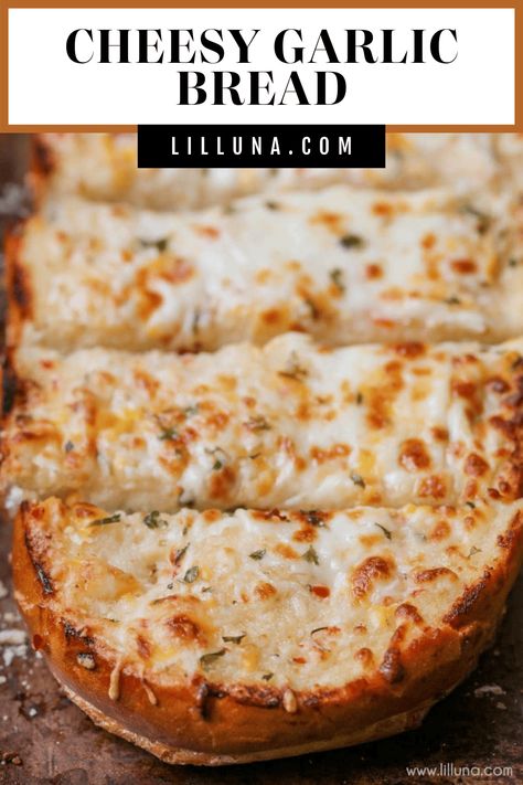 This is by far our favorite Garlic Bread recipe. It takes minutes to put together and is SO cheesy and delicious. It's the perfect side dish for any meal, but especially for pasta and Italian dishes! #cheesygarlicbread #garlicbread #cheesybread #garlicbreadrecipe #sidedish Cheesy Garlic Bread Recipe, Quick Bread Recipes Easy, Homemade Garlic Bread, Garlic Cheese Bread, Garlic Bread Recipe, Savory Herb, Cheesy Garlic Bread, Cheesy Bread, Quick Bread Recipes