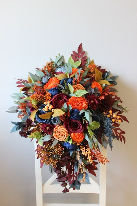 Flower Bouquet Fall Wedding, Navy Orange Wedding, Urban Loft Decor, Orange Wedding Bouquet, Home Office Setup Ideas, Bouquet Fall Wedding, Bridal Wedding Flowers, Silk Flower Bouquet, Fall Wedding Bouquet