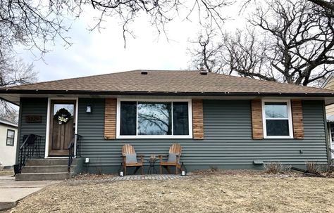 Modern Wood Shutters, House With Shutters, Exterior Paint Colours, Colonial Shutters, Modern Shutters, Brown Roofs, 1960s Home, Exterior Makeover, Shutters Exterior