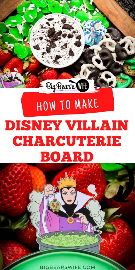 We're celebrating all of the Disney Villains with this Disney Villain Charcuterie Board! It is a fun Disney Snack board to celebrate our favorite Villains for Halloween! via @bigbearswife Princess And Villain Birthday Party, Disney Halloween Charcuterie Board, Disney Villain Drinks, Villians Party Ideas, Disney Villain Food Ideas, Villains Halloween Party, Disney Villains Party Games, Disney Halloween Party Food, Disney Halloween Food Ideas