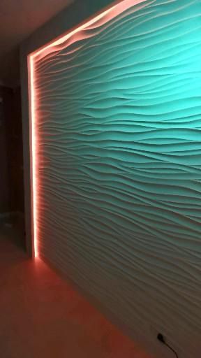 3D wall panels 'Wave Atlantic' are designed by decoden. 3d Pvc Wall Panel Bedroom, 3d Gypsum Wall Panel, 3d Wave Wall Panel, Wall Tiles Design For Bedroom, Lighted Tv Wall, 3d Wall Design Bedrooms, Led Feature Wall, Wall Gypsum Design, Wall Pvc Panel Design