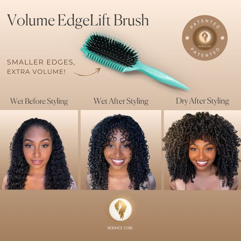 What It Does Introducing our NEW custom-made, patented Volume EdgeLift Brush. The distinctive lateral edges of the Volume EdgeLift Brush have smaller spaces between them, resulting in smaller curl clumps to add more volume. Crafted from bio-based materials and specifically designed to enhance your waves, curls, and coils, the "EdgeLift" design crafted by our founder, Merian, sets this brush apart. This innovative 5-in-1 brush creates smooth, separated, and volumized small curl clumps while the h Curl Defining Brush, Bounce Curl Brush, 9 Ether, Curling Fine Hair, Curl Clumps, Curl Volume, Bounce Curl, Heatless Curling, Small Curls