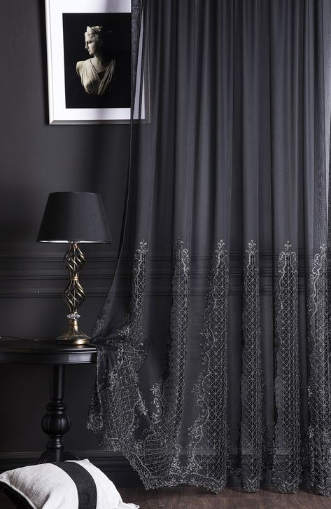 Embroidered Curtains, Black Curtains, Embroidered Tulle Curtains, Transparent Curtains, Luxury Curtains, Tulle Curtains For Living Room. by QuarterHomeDesign on Etsy Back Door Curtains Ideas, Black Wall Curtain Ideas, Gothic Curtains Victorian, Goth Living Room Modern, Cozy Gothic Living Room, Black Curtains Bedroom Ideas, Dark Curtains Living Room, Black Curtains Living Room Ideas, Moody Curtains