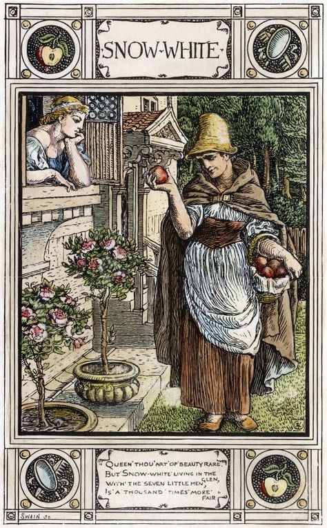 Brothers Grimm Snow White, Snow White Book, Apple Drawing, Snow White Art, Snow White Queen, Brothers Grimm Fairy Tales, Poisoned Apple, Walter Crane, 동화 삽화