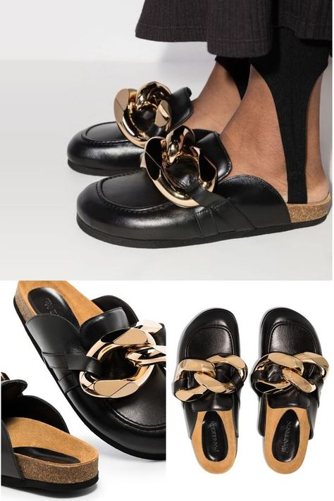 Never break the chain. You won't be breaking your chain of impeccable outfits once these black calf leather Chain loafer mules from JW Anderson are thrown into the mix. You've got style. #leather #chain #black Chain Loafers Outfit, Jw Anderson Chain Loafer, Mule Outfit, Aero Look, French Armchair, Break The Chain, Shoes Game, Loafers Outfit, Fur Shoes