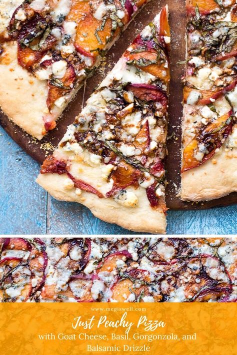 This Just Peachy Pizza uses summer peaches to the best advantage with goat cheese, basil, gorgonzola, and a balsamic drizzle that ties everything together. | Peach Pizza Recipe | #peachpizza #pizzarecipe | www.megiswell.com Pizza With Goat Cheese, Naan Pizzas, Peach Pizza, Gorgonzola Pizza, Balsamic Drizzle, Naan Pizza, Summertime Recipes, Farmers Cheese, Gorgonzola Cheese