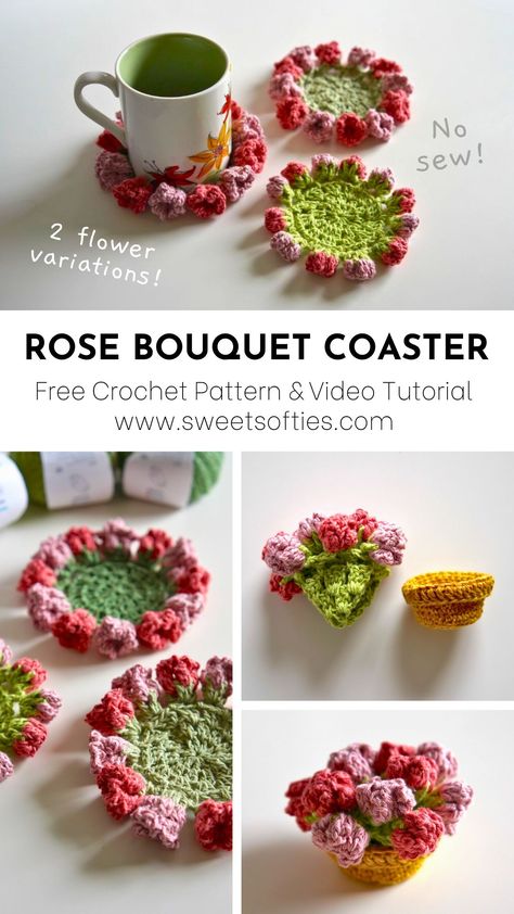 Rose Bouquet Coaster · Free Crochet Pattern & Video Tutorial - Sweet Softies Flower Bouquet Crochet Coasters, Crochet Costers Ideas Free, Succulent Coaster Crochet Pattern Free, Crochet Coaster Bouquet, Crochet Rose Coaster, Crochet Flower Bouquet Coaster Free Pattern, Crochet Bouquet Coaster, Crochet Coasters Tutorial, Crochet Cup Coaster Free Pattern