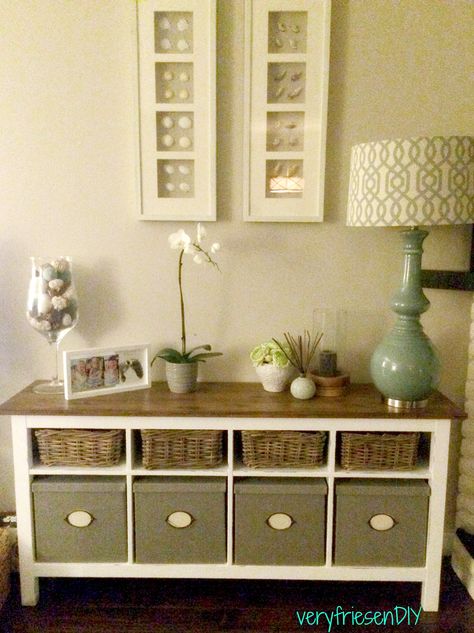 DIY: IKEA Hemnes sideboard makeover. Sanded, primed, painted and stained. Materials: Benjamin Moore Chantilly Lace, Minwax Water-Based Stain in American Walnut, Polycrylic. Ikea Hemnes Sideboard, Hemnes Sideboard, Ikea Bedroom Design, Ikea Living Room Furniture, Sideboard Makeover, Ikea Stuff, Ikea Makeover, 3 Sprouts, Toy Bin