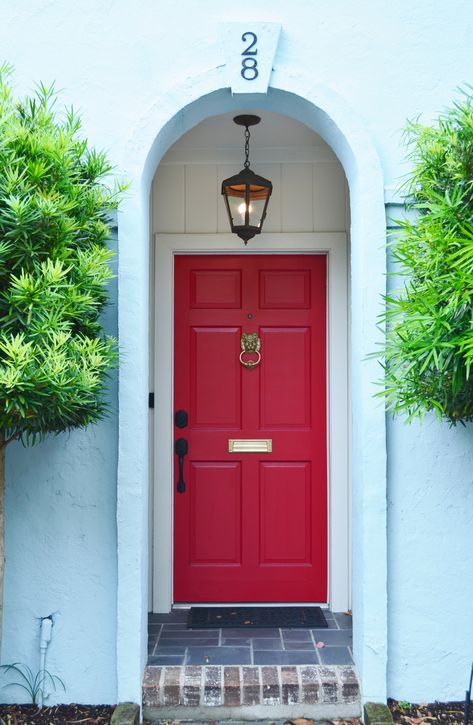 Red Entrance Door, White House Front Door, Red Doors On Houses Entrance, Red Front Door, Front Door Entrance, Exterior Paint Colors For House, House Front Door, Red Door, Exterior Paint Colors