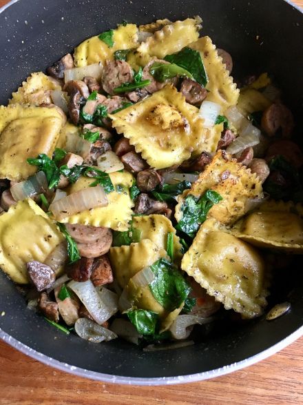 One-Pan Ravioli with Chicken Sausage: Speedy Kitchen Chicken Sausage Ravioli, Sausage Ravioli Recipe, Ravioli With Chicken, Sausage Ravioli, Italian Chicken Sausage, Ravioli Recipe, Good Products, Kielbasa, Chicken Sausage