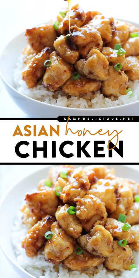 A must-try chicken dinner idea! This main course recipe is a Chinese takeout favorite made right in your kitchen. Crispy with a sweet glaze, this easy Asian Honey Chicken tastes so much better! Chinese Main Dishes, Crispy Chicken Recipes Dinners, Honey Chicken Recipe Easy, Asian Casserole, Asian Honey Chicken, Chinese Honey Chicken, Damn Delicious Recipes, Honey Chicken Recipe, Crispy Chicken Recipes