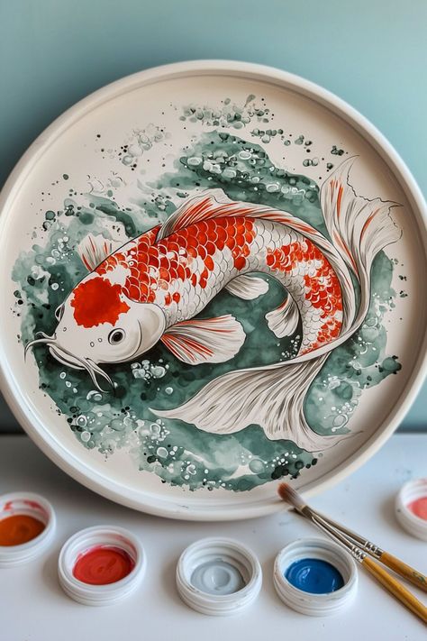 White ceramic plate with a large painted koi fish in red and white, surrounded by delicate green water accents. Fish Pottery Painting, Koi Fish Pottery, Art On Pottery, Pottery Painting Ideas Easy, Fish Pottery, Koi Fish Art, Pottery Painting Ideas, Fish Designs, Koi Fish Designs