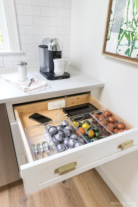 An outlet with USB ports is built into this kitchen drawer! Love having a hidden place to store electronics and plug in small kitchen appliances! Kitchen Cabinets Storage Organizers, Driven By Decor, Outdoor Kitchen Appliances, Fabulous Kitchens, Kitchen Drawer, Kitchen Cabinet Organization, Kitchen Cabinet Storage, Kitchen Drawers, Outdoor Kitchen Design