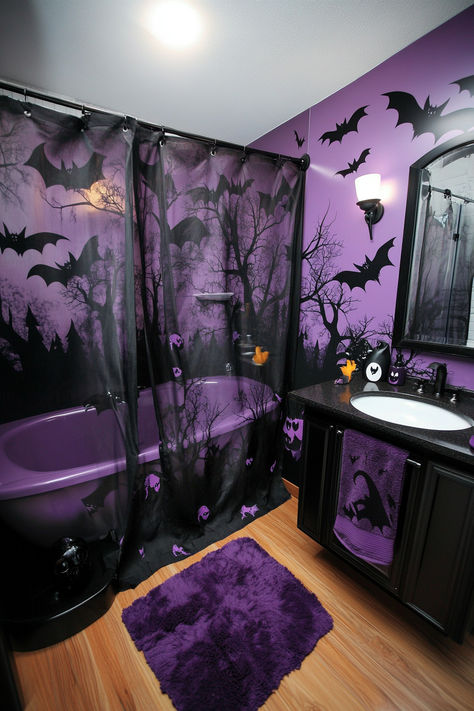 Spooky Bedroom, Spooky Soiree, Tombstone Diy, Halloween Wonderland, Pumpkin Planter, Purple Bathrooms, Halloween Tableware, Goth Home, Goth Home Decor