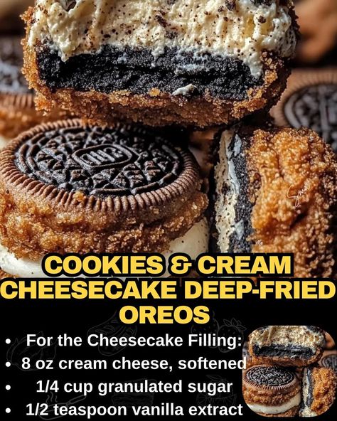 Cookies &amp; Cream Cheesecake Deep-Fried Oreos Deep Fried Cheesecake, Fried Cheesecake, Deep Fried Oreos, Baked Meatloaf, Fried Dessert, Cookies And Cream Cheesecake, Mexican Casserole Recipe, Fried Oreos, No Bake Pumpkin Cheesecake