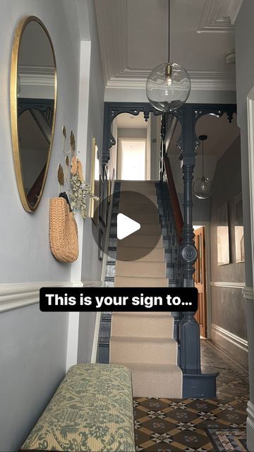 Cerys Parry-Evans on Instagram: "Go for it!   One of our best decisions hands down was painting our staircase dark - ours is a black with a blue undertone and I’d had my eye on this colour forever… it’s Railings by Farrow and Ball but colour matched by @valsparpaintuk   #staircasetransformation #darkstairs #bestdecision #hallwaygoals #hallwayinspo #stairsinpso #instahomewales #myperiodhomestyle #periodhomestyling #myvictorianhouselove #hallwaydecor" Farrow And Ball Railings Staircase, Black Painted Staircase, Railings Farrow And Ball, Farrow And Ball Railings, Dark Staircase, Staircase Makeover, Painted Stairs, Farrow And Ball, Paint Colours