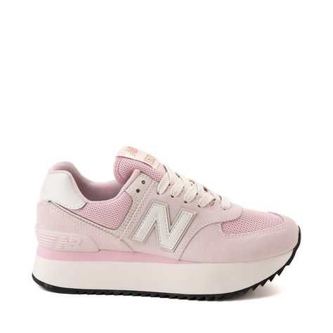 Womens New Balance 574+ Athletic Shoe - Mid-Century Pink / Pink Granite / Linen | Journeys Baby Pink Sneakers, New Balance Cute Shoes, Platform Running Shoes, Platform New Balance 574, New Balance Pink Shoes, Cute Preppy Shoes, New Balance Platform Sneakers, Preppy Tennis Shoes, Pink New Balance Shoes Outfit