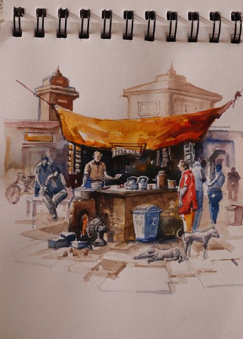 Watercolor tea stall painting Human Figures Composition, Village Composition Drawing, Tea Stall Composition Painting, Water Colour Composition Drawing, Road Side Tea Stall Drawing, Composition Watercolor Painting, Tea Stall Composition, Figure Composition Paintings, Tea Stall Sketch