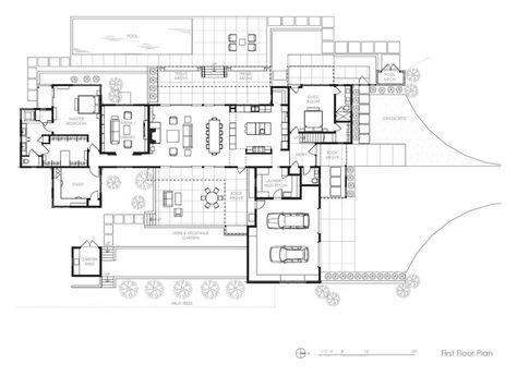 Sustainably designed modern farmhouse near the California coast House With Garage On Side, Farm Compound, House With Garage, Arroyo Grande California, Pavilion Plans, California Ranch, Floor Plan Layout, Modern Farmhouse Living Room, Modern Farmhouse Exterior