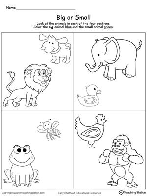 Comparing Animals Sizes Big and Small : Teach your preschooler the concept of big and small with this printable math worksheet. To complete the exercise your child will compare the shapes and identify which is small and which big. Toddler Printables, Nursery Worksheets, Animal Worksheets, Free Preschool Worksheets, Printable Preschool Worksheets, Shapes Worksheets, Kindergarten Math Worksheets, Math Activities Preschool, School Worksheets