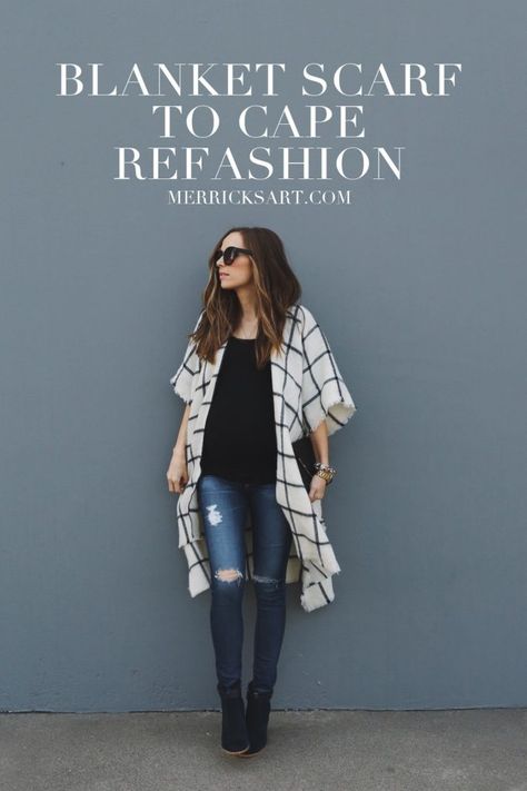 EASY CAPE REFASHION TUTORIAL - Merrick's Art No Sew Cape, Quick Stitch, Maternity Tees, Tile Wall, Oversized Scarf, How To Hem Pants, Heavy Knit, Buy Fabric, Sewing Art