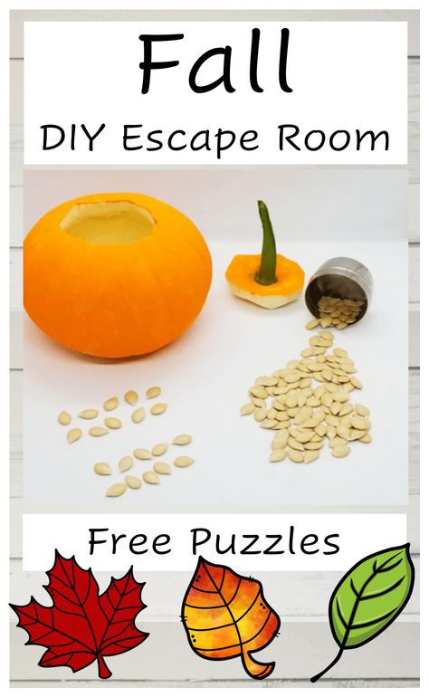 the pin shows a pumpkin, seeds and the seeds lined up to count and three leaves at the bottom that are clipart. Fall Activities Classroom, Simple Halloween Activities For Kids, Free Escape Room Printable For Kids, Thanksgiving Escape Room Free, Halloween Escape Room For Teens, Free Escape Room Printable, Fall Class Party Ideas, Fall Party Games For Kids, Halloween Escape Room For Kids