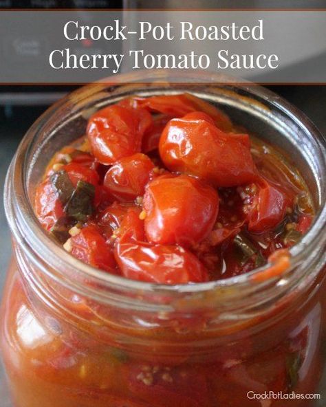 Crock-Pot Roasted Cherry Tomato Sauce - Turn fresh cherry tomatoes and basil into a delicious sauce to serve over pasta or a bruchetta topping! [Weight Watchers Friendly + Gluten Free, Keto, Low Calorie, Low Carb, Low Cholesterol, Low Fat, Low Sodium, Low Sugar, Paleo, Vegan & Vegetarian ] #CrockPotLadies #CrockPot #SlowCooker #Tomatos #Recipe #HealthyRecipes #SummerRecipes #Keto #WeightWatchers #WW #5IngredientsOrLess Roasted Cherry Tomato Sauce, Cherry Tomato Recipes, Cherry Tomato Sauce, Fresh Cherry, Crockpot Roast, Roasted Cherry, Roasted Cherry Tomatoes, Tomato Sauce Recipe, Cherry Tomato