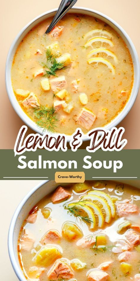 This salmon soup recipe is a comforting and satisfying dish that offers a rich, creamy texture, delicate salmon and fresh herbs flavors, and nourishing ingredients. #salmon #salmonrecipes #souprecipes #soup #healthyrecipes Salmon Stew Recipe, Salmon Chowder Recipe, Soup With Lemon, Perfect Salmon, Salmon Soup, Canned Salmon Recipes, Salmon Chowder, Dill Salmon, Lemon Salmon