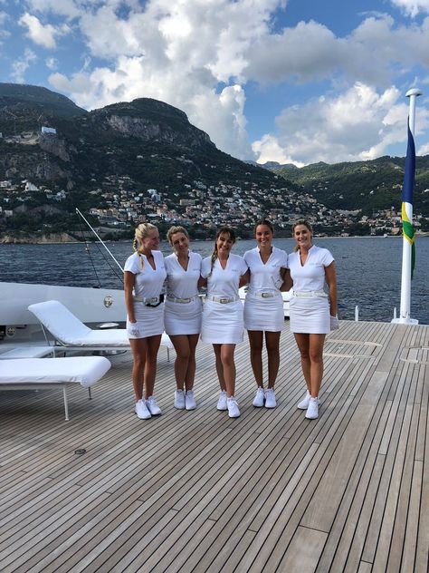 Super Yacht Stewardess, Boat Crew Uniform, Cruise Ship Job Aesthetic, Superyacht Aesthetic, Working On A Yacht Aesthetic, Yatch Stewardess Aesthetic, Yacht Crew Aesthetic, Working On A Yacht, Working On Yachts