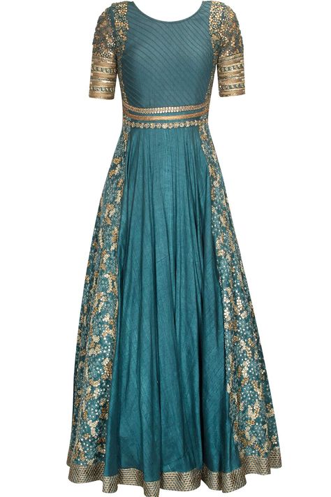 Teal blue and gold floral sequins embroidered anarkali suit available only at Pernia's Pop Up Shop. Ankle Length Anarkali Dress, Dress From Old Saree, Dresses From Old Sarees, Ridhima Bhasin, Embroidered Anarkali, Sari Dress, Salwar Kamiz, Red Lehenga, Mode Abaya