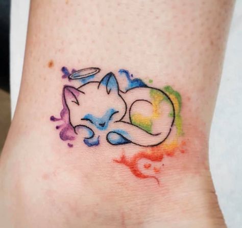 Cute Tattoos With Color, Cat Angel Tattoo, Watercolor Cat Tattoo, Cat Tat, Pawprint Tattoo, Cat Tattoo Designs, Tatuaje A Color, Memorial Tattoos, Friend Tattoos