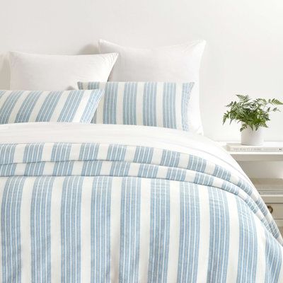 This duvet cover and sham set features a classic mix of chambray stripes, tonal pinstripe dots, and running stitches, and reverses to a solid percale with knife-edge seams. Woven from yarn-dyed combed cotton for long-lasting color, this bedding will continue to soften with repeated washing and wear. Birch Lane™ is brought to you by the Annie Selke companies, which also includes Annie Selke Home, Dash & Albert premium rugs, and Pine Cone Hill luxury linens. Size: Full/Queen Duvet Cover + 2 Standa Grey Bed Frame, 100 Cotton Duvet Covers, Striped Duvet, Striped Duvet Covers, Blue Duvet Cover, House Bedrooms, Queen Duvet Cover, House Bedroom, Room Redo