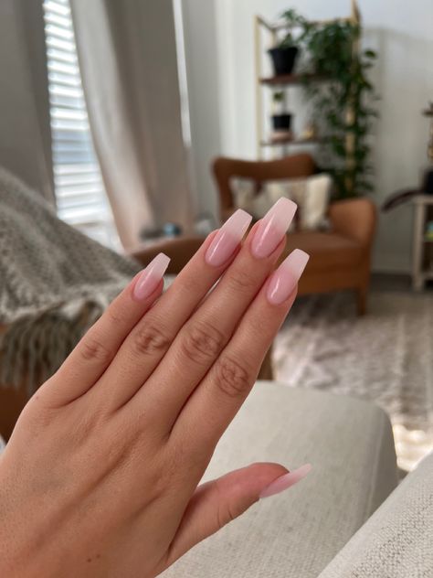 Clear Ballerina Nails, Faint Pink Nails, Light Pink Rectangle Nails, Milky Pink Coffin Acrylic Nails, Simple Clear Pink Nails, Natural Nails Coffin Shape, Transparent Acrylic Nails Coffin, Pink Translucent Acrylic Nails, Pale Pink Ballerina Nails