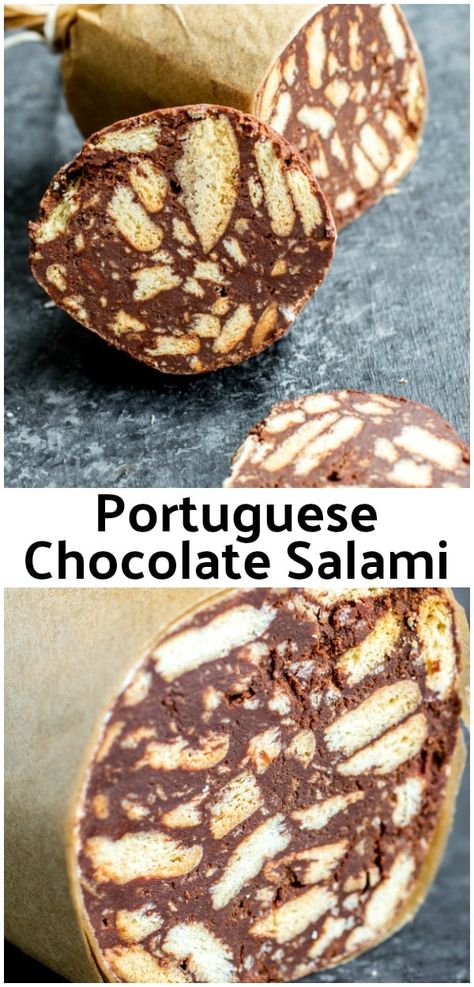 This easy recipe for Chocolate Salami ,or Salame de Chocolate, is a Portuguese dessert or Italian dessert recipe that combines dark chocolate and Maria biscuits (cookies) into an amazing chocolate dessert that is a perfect Christmas dessert. This version is Chocolate Salami with no nuts. #chocolate #christmasdessert #dessert #sweettreat #homemadeinterest Dessert Cannoli, Chocolate Salami Recipe, Portuguese Dessert Recipes, Chocolate Salami, Salami Recipes, Perfect Christmas Dessert, International Desserts, Portuguese Desserts, Italian Recipes Dessert