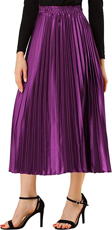 Allegra K Women's Elastic Waist Party Metallic Shiny Accordion Pleated Midi Skirt Large Purple at Amazon Women’s Clothing store Purple Pleated Skirt, Black Block Heel Sandals, Metallic Pleated Skirt, Accordion Pleats, Skirt Purple, Metallic Design, Pleated Long Skirt, Metallic Skirt, Party Skirt