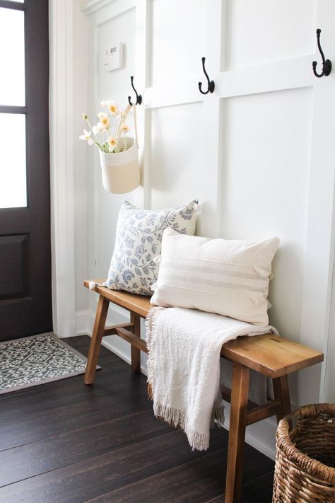 Simple Spring decorative touches in my entryway. Floral home decor. Faux Florals. Poppies. Hanging Basket. Floral Throw Pillow. Light throw blanket. Target style. Target Home. Amazon Home. Entryway Bench. Board And Batten entryway decor. Seasonal decor. Entryway Ideas With Bench Storage, Hanging Basket Entryway, Entryway Bench Hooks, Entry Way With Bench And Hooks, Charleston Entryway, Board And Batten Entryway With Bench, Small Bench Decor, Entryway Bench With Hooks, Small Entry Bench