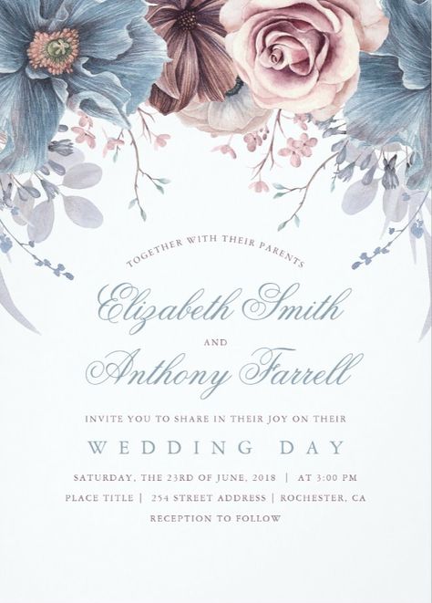 Blue And Mauve Wedding, Mauve Wedding Invitations, Mauve Wedding, Elegant Modern Wedding, Floral Save The Dates, Watercolor Floral Wedding Invitations, Blue Wedding Invitations, Floral Wedding Invitation, Watercolor Wedding Invitations