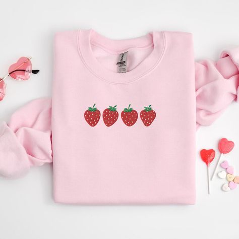 Embroidered Strawberry, Valentines Shirts, Strawberry Aesthetic, Patch Sweater, Fruit Shirt, Strawberry Shirt, Valentines Day Sweatshirt, Food Shirt, Embroidered Tee