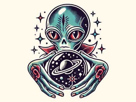 Alien Traditional Tattoo, Aliens Tattoo, Ufo Tattoo, Alien Tattoo, American Traditional, Tattoos With Meaning, Traditional Tattoo, Crystal Ball, Aliens