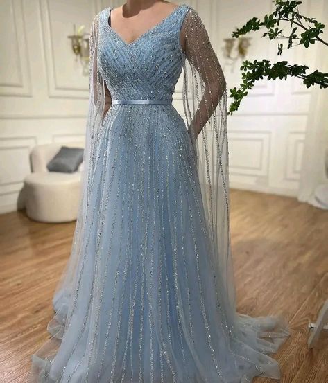 Reception Gowns Indian Bridal, Light Blue Gown, Reception Gowns, Quinceñera Dresses, Party Wear Gowns, Saree Wearing Styles, Evening Gowns With Sleeves, A Line Prom Dress, Simple Frocks