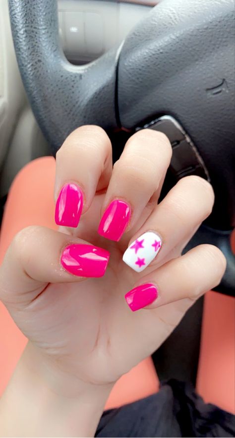 White Nails With Stars On Ring Finger, Preppy Star Nails, Hot Pink Star Nails, Charleston Nails, Pink Nails With Stars, Hot Pink Square Nails, Hot Pink And White Nails, Short Hot Pink Nails, Pink Star Nails