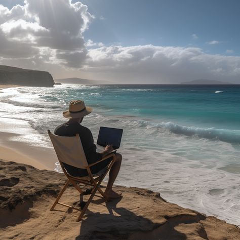 digital nomad working remotely overlooking the blue ocean in an armchair on his laptop References Drawing, 2024 Moodboard, Importance Of Mental Health, Remote Working, Employee Wellness, Working Remotely, Work Horses, Mental Health Day, Remote Workers