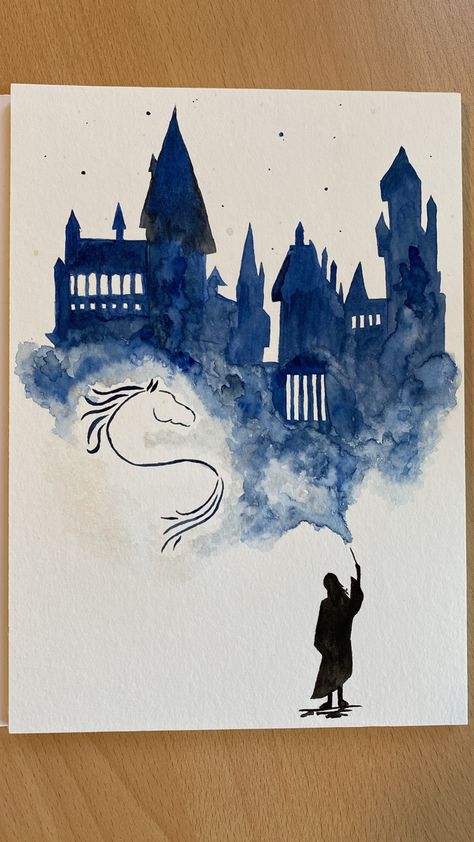 Hogwarts Silhouette Art, Watercolor Harry Potter Painting, Watercolour Harry Potter, Harry Potter Watercolor Art Easy, Watercolor Art Harry Potter, Hogwarts Watercolor Paintings, Harry Potter Paintings Easy, Harry Potter Easy Painting, Hogwarts Acrylic Painting