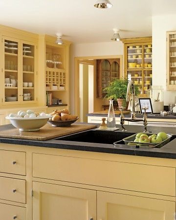 Martha Stewart Kitchen, Yellow Kitchen Cabinets, Martha Stewart Home, Yellow Cabinets, Kitchen Walls, Kitchen Refresh, Yellow Kitchen, Kitchen Accents, Trendy Kitchen