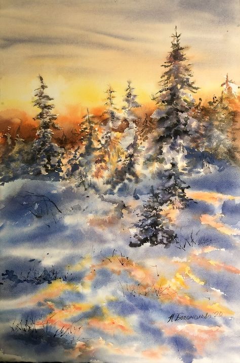 Winter sunset painting. Watercolor landscape Winter Sunset Painting, Sunset Winter, Winter Landscape Painting, Art Watercolor Painting, Winter Sunset, Winter Painting, Watercolor Landscape Paintings, Impressionism Art, Original Landscape Painting