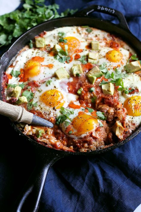 Polenta, Refried Beans and Skillet Egg Bake Egg Skillet, Shakshuka Recipes, Polenta Recipes, Ambitious Kitchen, Cereal Recipes, Filling Recipes, Iron Skillet, Refried Beans, Polenta