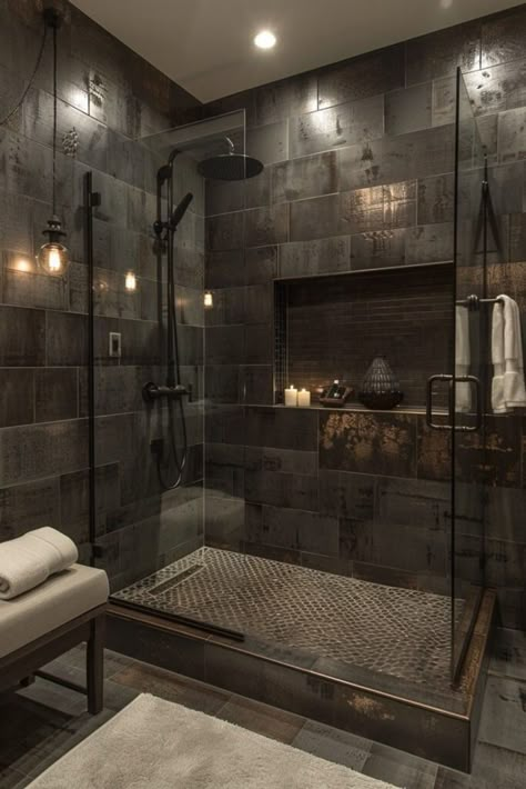 Moody Shower Room, Dark Vibe Bathroom, Bathroom Dark Tile Ideas, Dark Grey And Black Bathroom, Dark Tiled Shower Ideas, Modern Industrial Decor Bathroom, Shower With Dark Tile, Black Bathroom Tile Ideas, Dark Tiles Bathroom