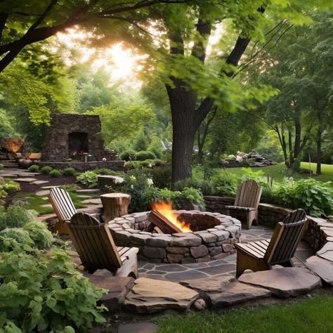 Enhance Your Outdoor Space with a Stunning Fire Pit Garden Cool Outdoor Firepits, Mulched Fire Pit Area, Fire Pit By Pond, Fire Pit Cottage, Fire Pit On Sloped Yard, Firepits Backyard Landscaping, Backyard Fire Pit Ideas Lounge Areas, Fire Pit Ideas Outdoor, Stone Fireplace Outdoor