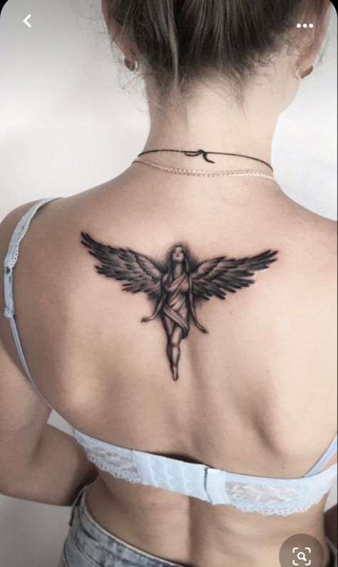 Wing Tattoos On Chest Women, Angel Tattoo Unique, Winged Woman Tattoo, Lady With Wings Tattoo, Angel Wings Spine Tattoo, Angel Back Tattoos Women, Angel Wings Tattoo On Back Women, Angel Tattoo Designs For Women Beautiful, Unique Angel Tattoos