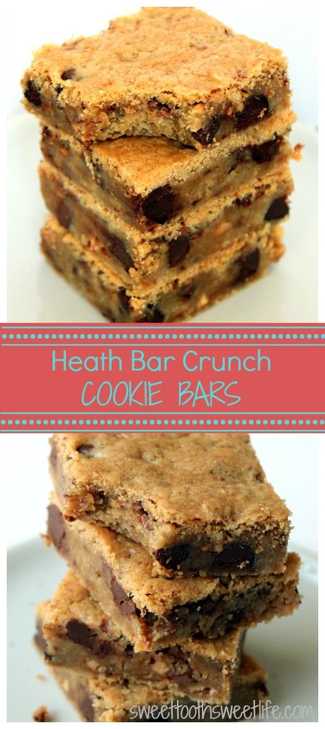 Heath Bar Crunch Cookie Bars are buttery and gooey with the added sweet crunch of Heath bits. They're a MUST make! Heath Bar Recipes, Heath Bar Dessert, Heath Bar Cookies, Heath Bar, Heath Bars, Bake Goods, Cookie Brownie Bars, Dessert Bar Recipe, Toffee Bits